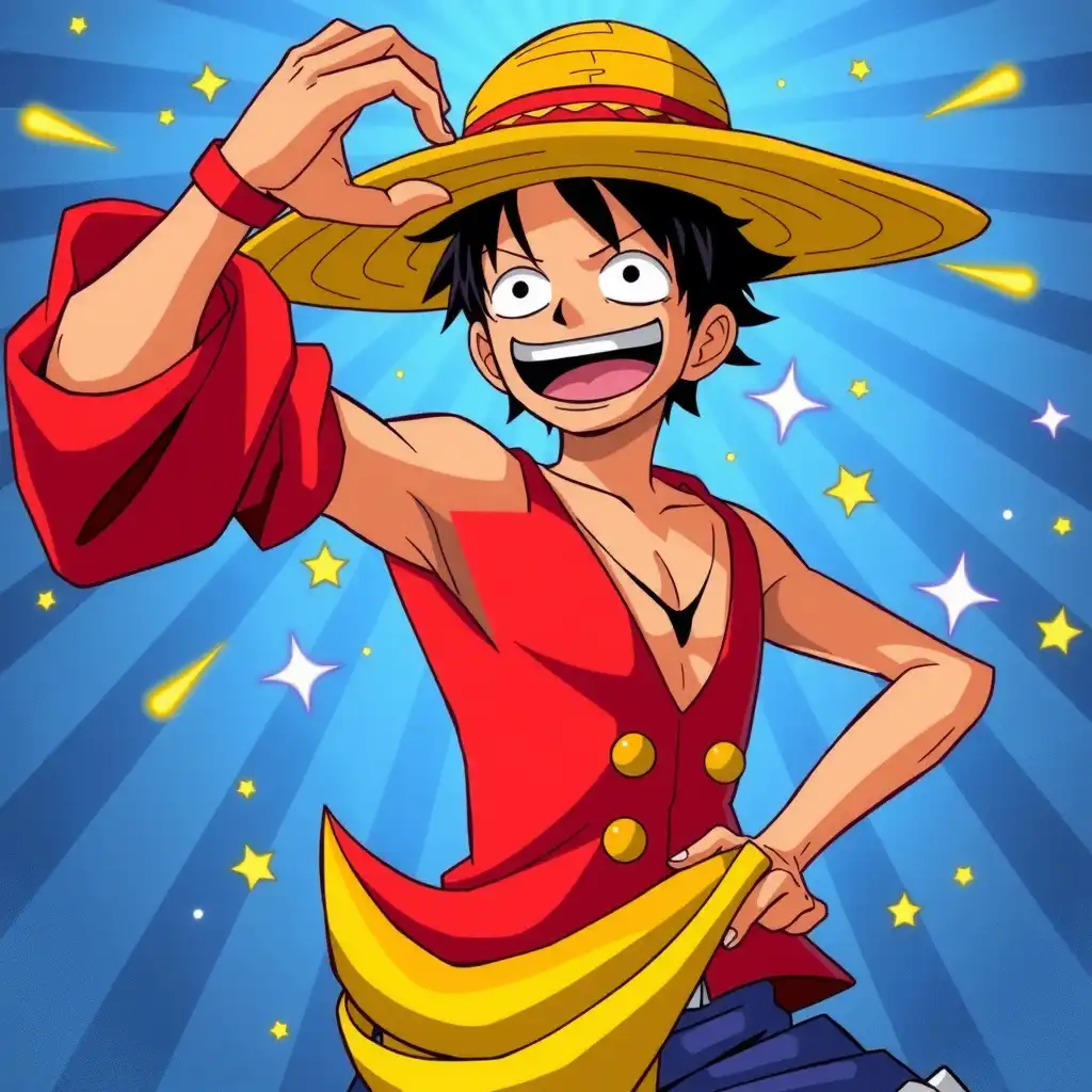 obra -prima, 1Boy, macaco D Luffy, chapéu de palha, colete vermelho, shorts azuis, cabelo preto, cicatriz sob olho, sorriso alegre, musculos