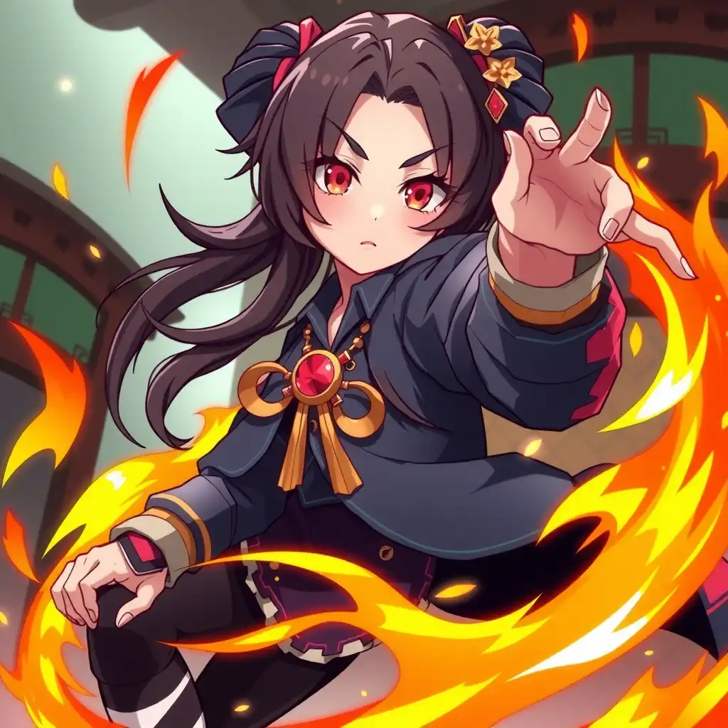 masterpiece, 1girl, hu tao, twin tails, red eyes, black hair, pyro vision, chinese clothes, flower hairpin, staff, genshin impact, mischievous smile, energetic pose